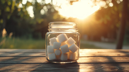 Glass jar filled with refined sugar cubes sits on a rustic wooden table at sunset, symbolizing the choice between a sugar filled diet and a healthier, sugar free lifestyleの素材