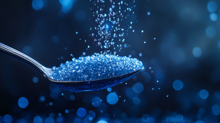 Crystals of blue sugar falling on a spoon with dark blue bokeh background, creating a vibrant and visually appealing imageの素材