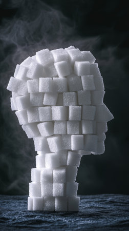 White sugar cubes arranged in the shape of a human head silhouette against a dark smoky background, symbolizing excessive sugar intake and its potential health risksの素材