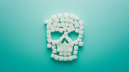 White sugar cubes arranged in the shape of a skull on a turquoise background symbolizing the health risks associated with excessive sugar consumption and promoting awareness of sugar related diseasesの素材