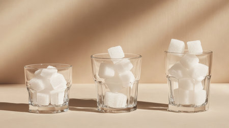 Three glasses with more sugar cubes show the need to cut back on sugar, promoting healthier lifestyles and warning against overconsumptionの素材