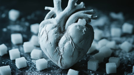 Sugar covered heart model warns of health risks, urging a low sugar lifestyle for better cardiovascular healthの素材