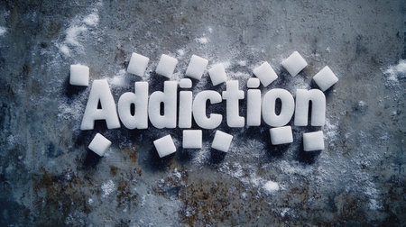 White sugar cubes arranged to spell the word addiction on a dark, textured surface, symbolizing the concept of sugar addiction and the potential harms of excessive sugar consumptionの素材