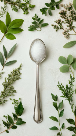 Teaspoon with sugar surrounded by medicinal herbs promoting sugar free lifestyleの素材