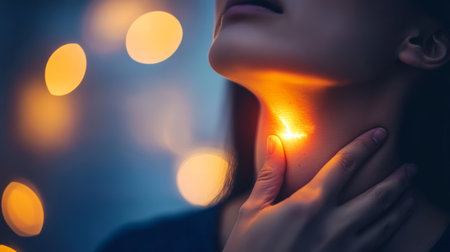 Woman touching neck, feeling sore throat with red glow, sign of illness needing careの素材