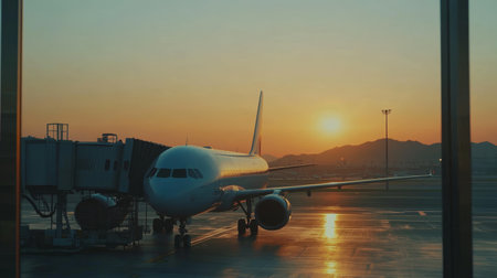 Preparing a large passenger plane at sunset with orange and gold sky, evoking adventure and excitement for upcoming flight. Passengers eagerly waiting to boardの素材