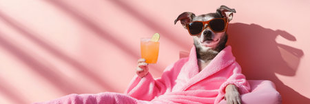 Cute dog lounges in a pink bathrobe and sunglasses, sipping a cocktail on a luxurious pink background, embodying relaxation and pampering, perfect for a playful wellness messageの素材