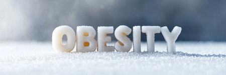 The word obesity written with sugar letters placed on a surface of granulated sugar represents the health risks associated with excessive sugar intake and its contribution to weight gainの素材