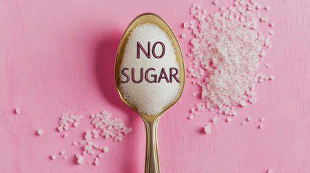 Vintage spoon filled with sugar crystals with a superimposed no sugar sign conveys the concept of sugar reduction and promotes a healthy, sugar free lifestyle on a vibrant pink backgroundの素材