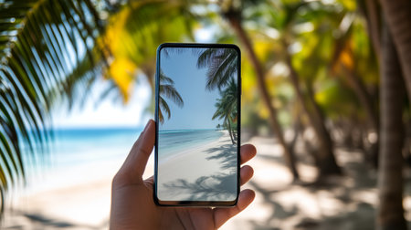 Hand holding a smartphone displaying a beautiful tropical beach with palm trees and turquoise water, evoking the concept of travel and social media sharingの素材