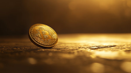Gleaming golden bitcoin rests on a textured surface, bathed in warm, inviting light, symbolizing the potential and allure of cryptocurrency investment in the world of financeの素材