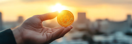 Businessman showing cryptocurrency coin with cityscape in background at sunset, symbolizing future of finance and investment in digital assetsの素材