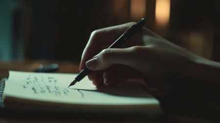 Close up of a womans hand elegantly writing in a notebook with a fountain pen, illuminated by soft, warm light, creating a cozy and focused atmosphereの素材