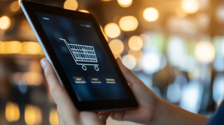 Hands holding tablet displaying shopping cart icon and payment options, suggesting online shopping and e commerce activity in a blurred commercial settingの素材