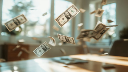 Falling dollar banknotes in busy office symbolize wealth and success, capturing essence of finance and economy with hints of investment and growthの素材