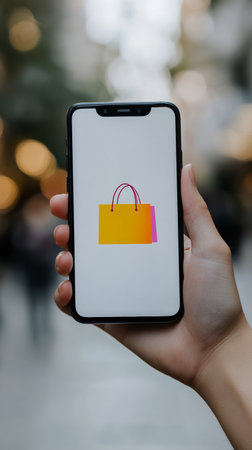 Hand holding a smartphone displaying a shopping bag icon, representing online shopping and e commerce in a blurred urban backgroundの素材