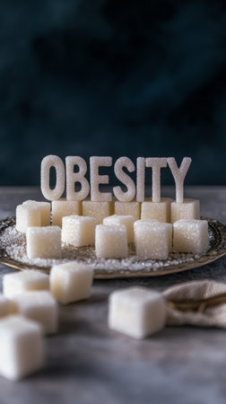 Numerous sugar cubes arranged on a metal tray spell obesity, highlighting the health risks associated with excessive sugar consumption and promoting a low sugar lifestyle for better well beingの素材