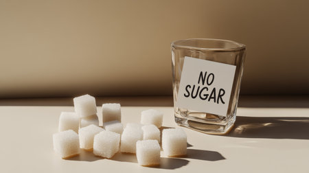 Several sugar cubes are placed near an empty glass with a no sugar sign, representing sugar reduction, a sugar free diet, and the health risks associated with excessive sugar consumptionの素材