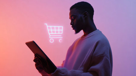 Young man using digital tablet for online shopping with a neon shopping cart symbol projected on the wall, representing e commerce and online paymentの素材