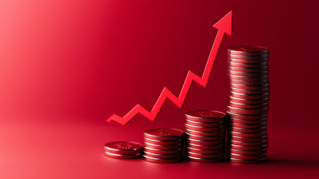 Increasing stacks of coins with a red upward arrow symbolizing growth, profit, and investment on a red background create a powerful visual representation of financial successの素材