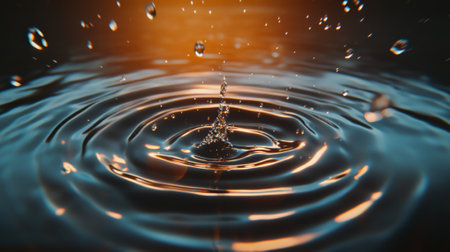 Multiple water droplets falling and creating ripples on a dark, reflective liquid surface, with a warm, orange light source illuminating the scene from aboveの素材