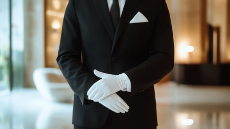 Elegant hotel porter wearing white gloves standing in the lobby, ready to provide assistance and epitomize luxury hospitality service during summer holidaysの素材
