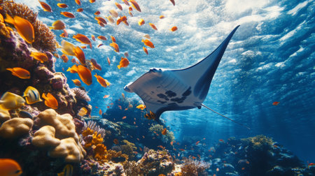 Giant oceanic manta ray is swimming peacefully over a colorful coral reef, surrounded by a school of vibrant tropical fish, creating a breathtaking underwater sceneの素材