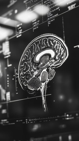 Black and white mri scan of a human brain in sagittal section, displaying intricate details of brain anatomy and neurological structures, used in medical diagnosis and researchの素材