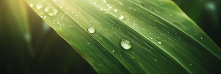Sparkling droplets of dew clinging to the surface of a lush green leaf, capturing the warm glow of sunlight in a tranquil natural environment, evoke feelings of freshness and vitalityの素材