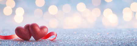 Two decorative red hearts and a red ribbon are laying on a silver glitter background with bokeh lights, creating a romantic atmosphere for valentines day, anniversaries, or weddingsの素材