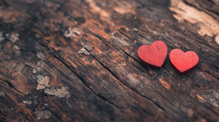 Two small red wooden hearts lying on a rustic wooden background create a charming scene of love and affection, perfect for valentines day, anniversaries, or romantic occasionsの素材