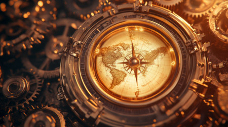 Golden compass with world map navigating among intricate clockwork gears, symbolizing global exploration, discovery, and the interconnectedness of time and navigationの素材