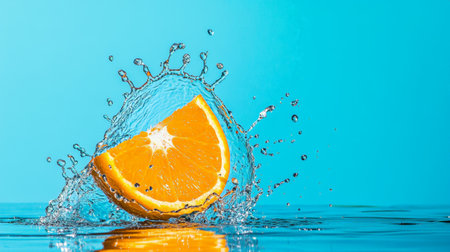 Juicy orange slice creates a refreshing splash as it plunges into vibrant blue water, evoking the invigorating essence of summer holidays and tropical getawaysの素材