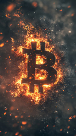 Bitcoin symbol burning in bright flames on a dark background, representing the volatility and risk associated with cryptocurrency investmentの素材