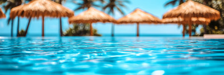 Refreshing turquoise water of a swimming pool glistens under the summer sun, with blurred beach umbrellas and palm trees creating a serene backdrop, evoking a luxurious vacation atmosphereの素材