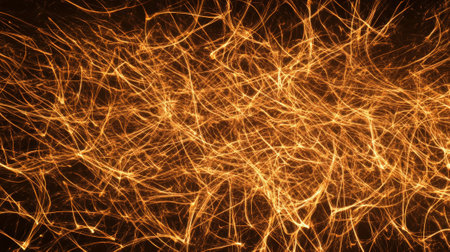 Golden lines of fire intertwining and creating a complex network, symbolizing energy, connections, and the flow of information in a dynamic and abstract representationの素材