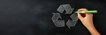 Hand holding a green marker drawing recycle symbol on a blackboard promoting environmental awareness and sustainable practices for waste managementの素材
