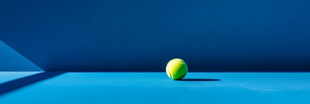 Bright green tennis ball standing on a vibrant blue surface, casting a distinct shadow under the sunlight, with a textured blue wall in the background creating a sporty and minimalist aestheticの素材