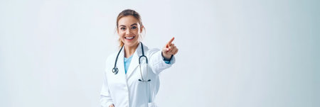 Friendly female doctor wearing a lab coat and stethoscope, smiling and pointing with her index finger at the camera against a clean white background, exuding warmth and professionalismの素材