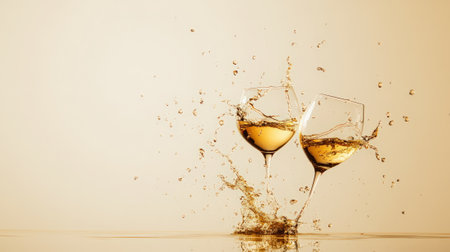 Two wine glasses appear to levitate, with golden liquid splashing dramatically around them, creating an elegant and dynamic scene against a soft backgroundの素材
