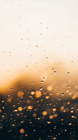 Raindrops clinging to a glass surface during a golden hour sunset, creating a mesmerizing bokeh effect with blurred lights in the background, evoking a tranquil and atmospheric moodの素材