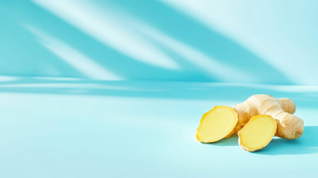 Fresh ginger root with two slices on a light blue surface with soft shadows creating a serene and healthy atmosphere, ideal for promoting natural remedies or culinary usesの素材