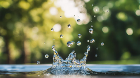Crown shaped water splash rising from rippling water surface, with droplets suspended in air against blurred green background, creating a refreshing and dynamic sceneの素材
