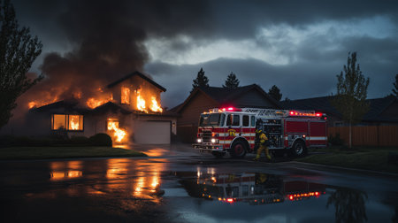 Firefighters battling a house engulfed in flames at dusk, with a fire truck parked nearby, its lights reflecting in the wet street as smoke billows into the evening skyの素材