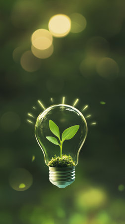 Green plant growing inside a light bulb, radiating bright yellow rays, symbolizing eco friendly energy solutions and sustainable practices against a blurred green backgroundの素材