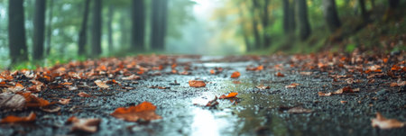Rainwater flowing over a wet asphalt road, blanketed with fallen autumn leaves, creates a tranquil atmosphere in a misty forest, embodying the serene beauty of the seasonの素材