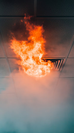 Flames and thick smoke billowing from an air vent in the ceiling signal a serious fire hazard within the building, highlighting the urgent need for safety measures and emergency responseの素材