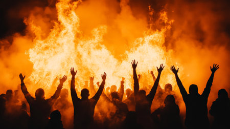 Group of people raising hands cheering and celebrating in front of huge bonfire flames at night, fire, warm colors, dark silhouettes, smoke, orangeの素材