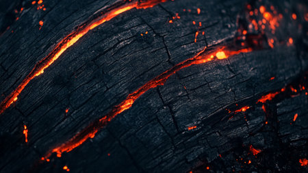 Smoldering embers glowing with fiery intensity reveal the intricate textures of charred wood, creating a mesmerizing interplay of light and shadow against a dark backdropの素材