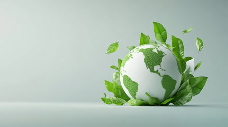 Green leaves are growing and swirling around planet earth, symbolizing environmental conservation, sustainability, and eco friendly practices for a greener futureの素材